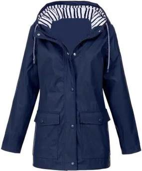 Women's Waterproof Rain Jacket 2024 Fall Striped Overcoat Waterproof Lined Plus Size Raincoat with Hood